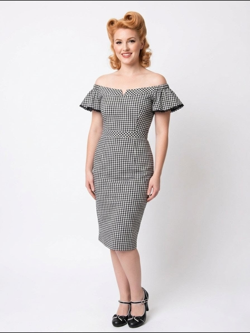 Nanette Lepore Retro Gingham Off-The-Shoulder Midi Pin-Up Dress Size 12